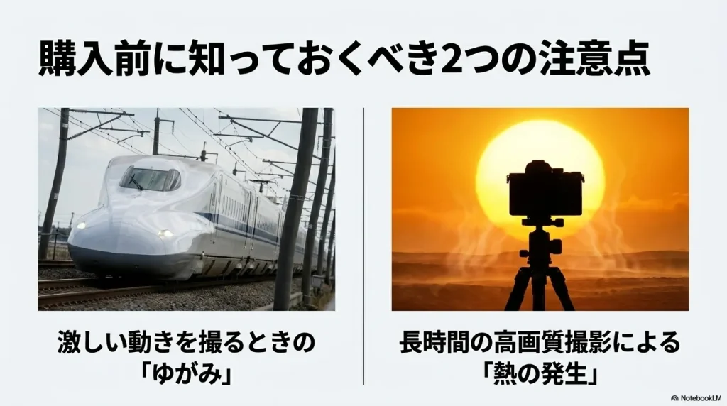 激しい動きを撮るときのゆがみと、長時間の高画質撮影による熱の発生を示すイメージ画像