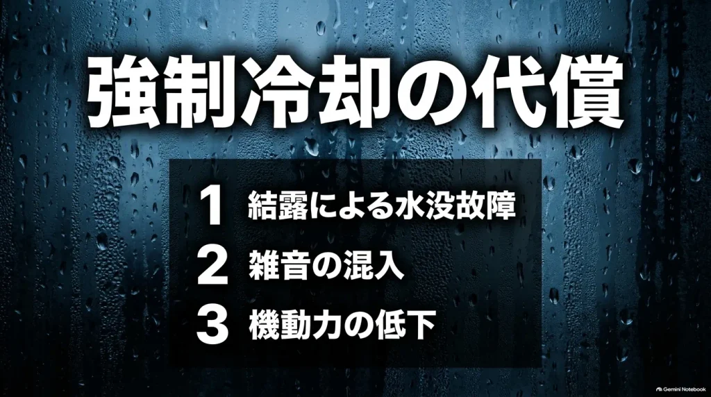 外付け冷却ファンのデメリットである結露による水没故障、ファン雑音の混入、機動力低下をまとめたスライド