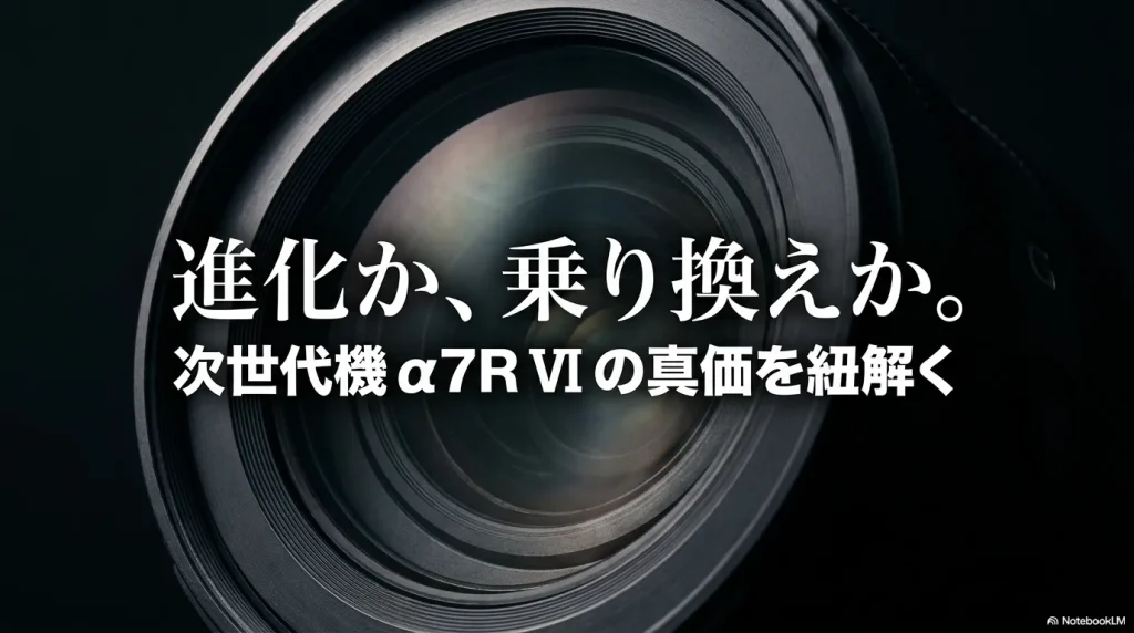 「進化か、乗り換えか。」 「次世代機 a7RVIの真価を紐解く」と書かれたタイトルスライド画像 。
