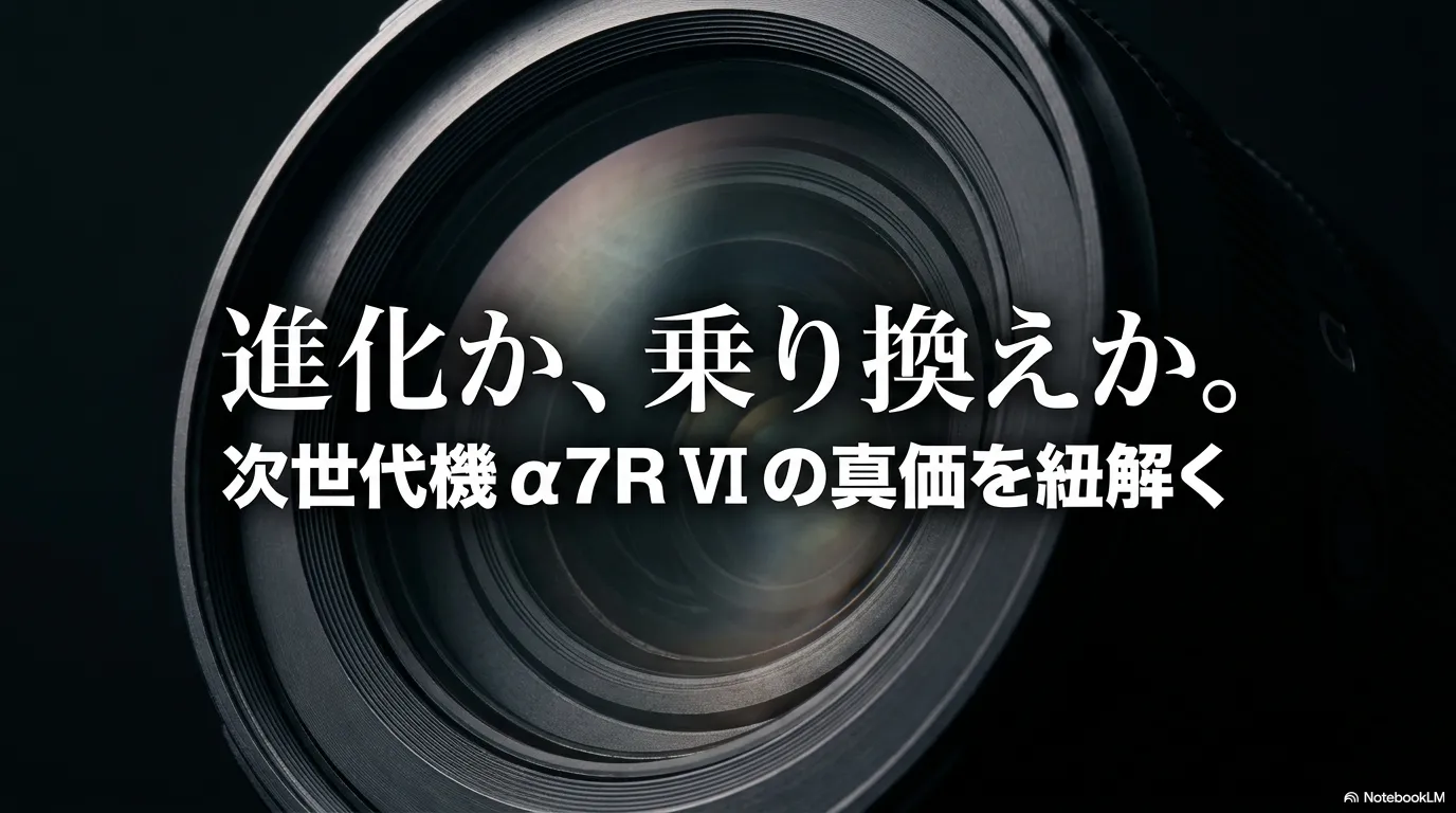 「進化か、乗り換えか。」 「次世代機 a7RVIの真価を紐解く」と書かれたタイトルスライド画像 。