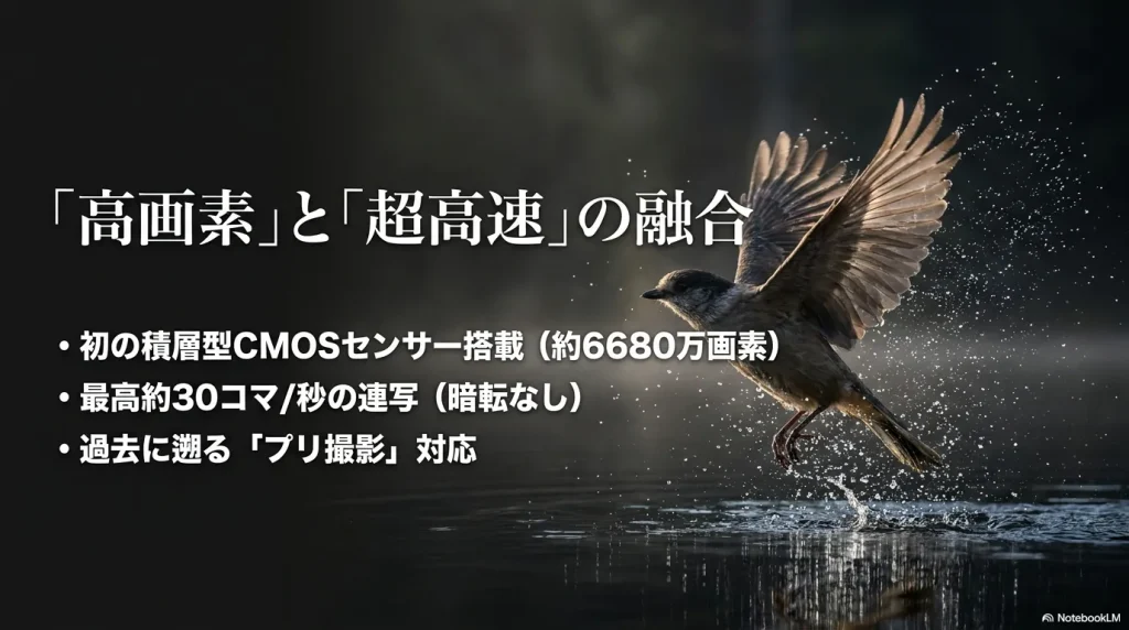 「高画素」と「超高速」の融合として 、初の積層型CMOSセンサー搭載 、最高約30コマ/秒の連写 、プリ撮影対応を説明するスライド画像 。