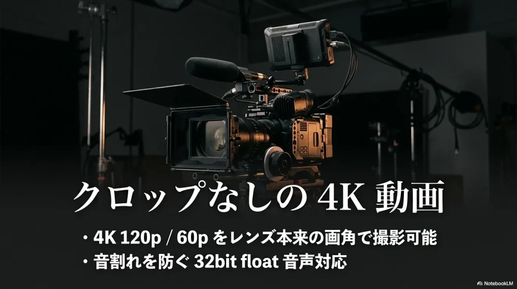 クロップなしの4K動画として 、4K 120p/60pの画角や32bit float音声対応を説明するスライド画像 。