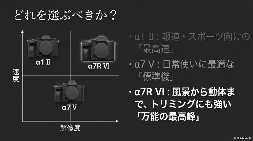 どれを選ぶべきか?というテーマで 、α1 II 、a7R VI 、α7 Vを比較図解したスライド画像 。