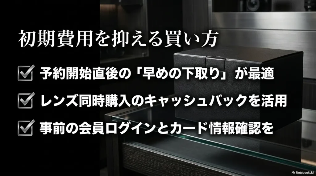 初期費用を抑える買い方として 、早めの下取りやレンズ同時購入のキャッシュバック活用、事前の会員ログインなどを勧めるスライド画像 。