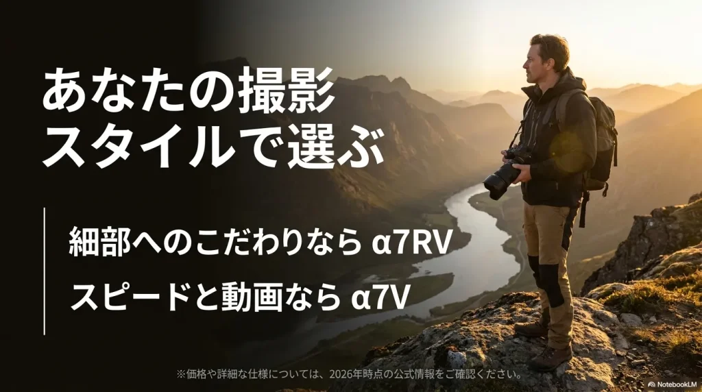 細部へのこだわりならα7RV、スピードと動画ならα7Vという最終的な結論をまとめたスライド