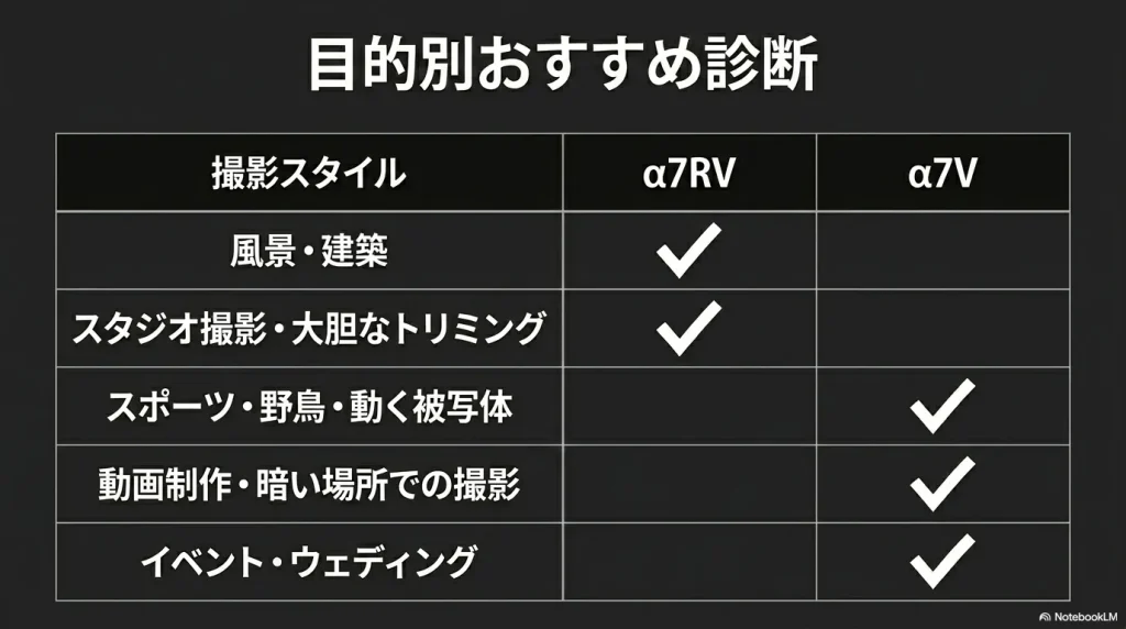 風景、スタジオ、スポーツ、動画制作などの撮影スタイル別に、α7RVとα7Vのどちらが適しているかをまとめた表