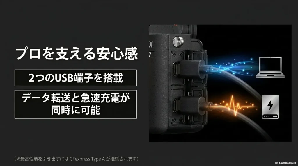 データ転送と急速充電が同時に可能な、2つのUSB端子を搭載したカメラ側面のインターフェースの画像