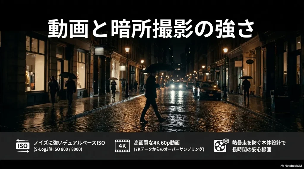 ノイズに強いデュアルベースISOや高画質な4K60p動画など、動画と暗所撮影におけるα7Vの強みを示すスライド