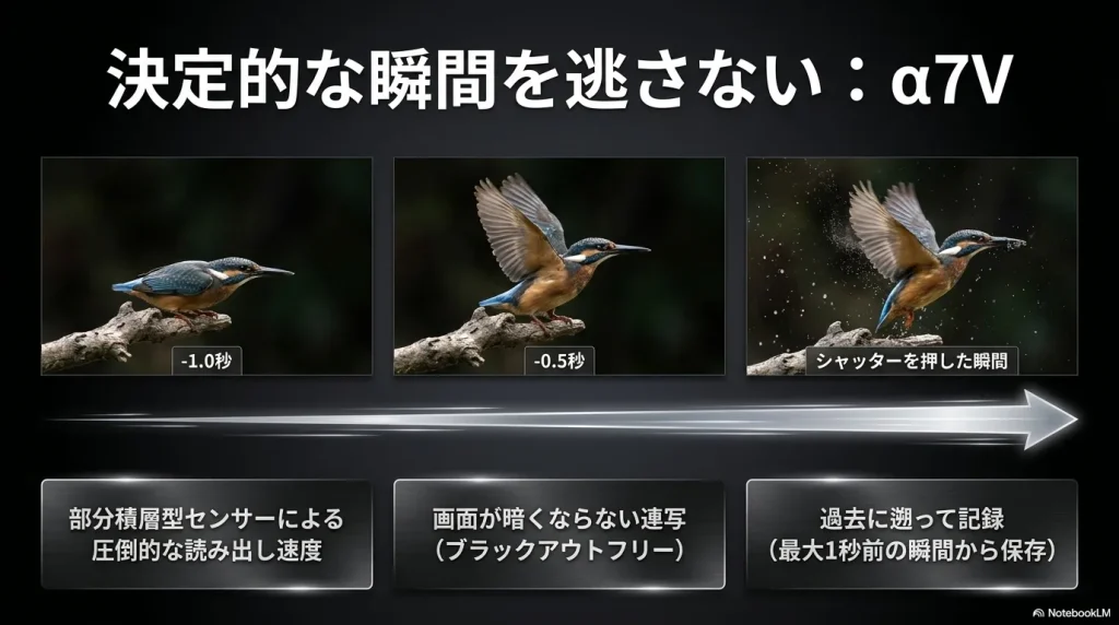 カワセミが飛び立つ瞬間を例に、最大1秒前に遡って記録できるα7Vの連写性能と読み出し速度を解説したスライド
