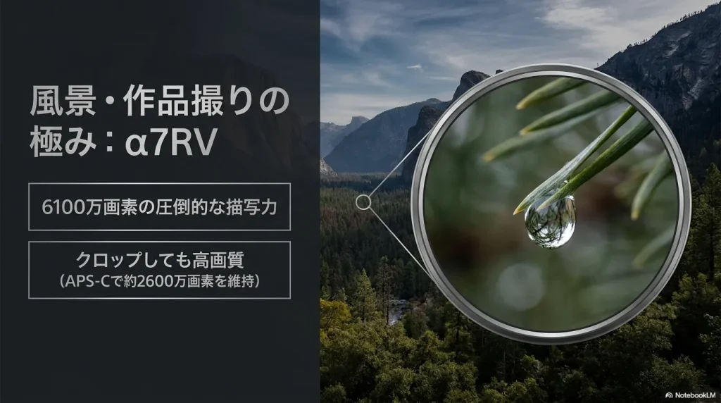 6100万画素の圧倒的な描写力と、APS-Cクロップでも高画質を維持するα7RVの特徴を解説したスライド