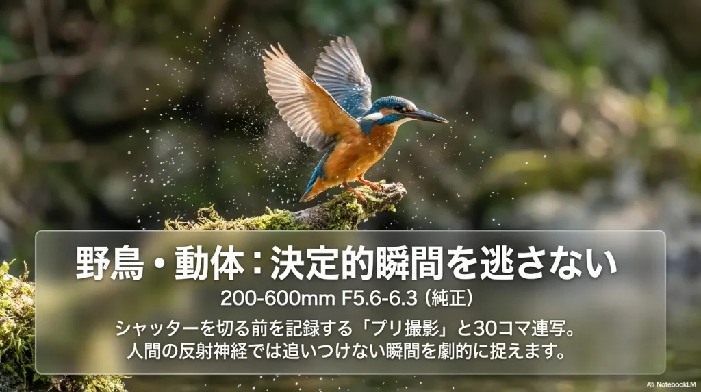 野鳥や動体の決定的瞬間を逃さない純正の200-600mmを紹介する画像