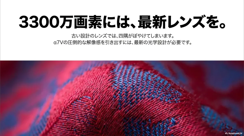 3300万画素には最新レンズを。古い設計のレンズでは四隅がぼやけてしまうという解説画像