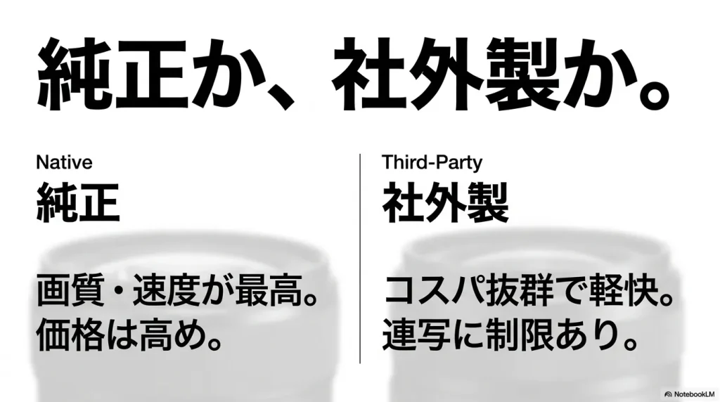 純正は画質と速度が最高だが価格は高め、社外製はコスパ抜群だが連写に制限ありという比較表