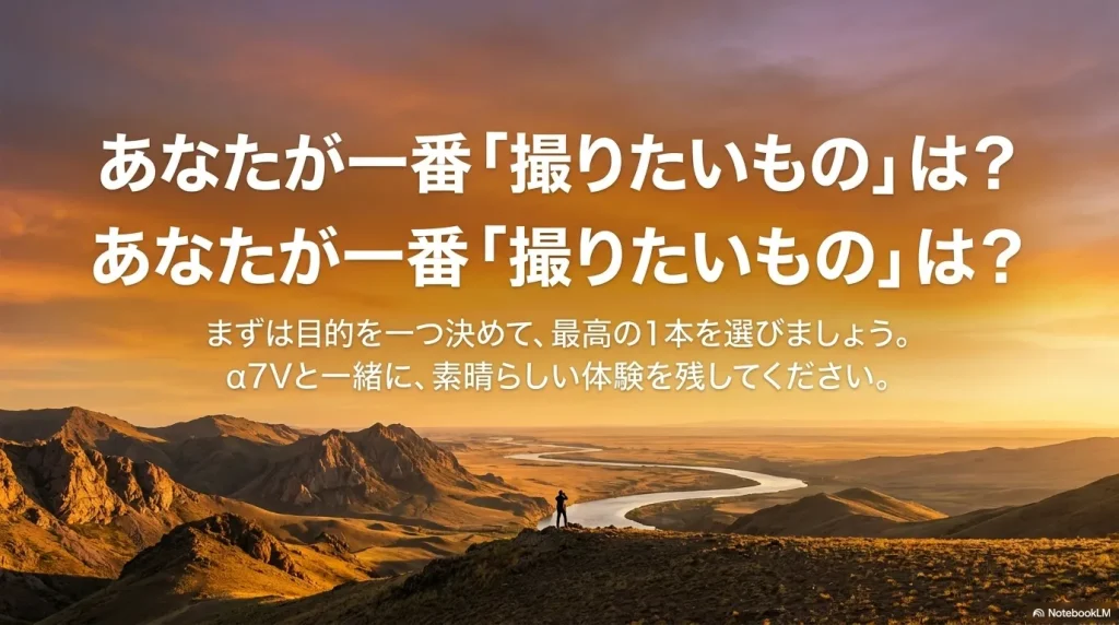 あなたが一番撮りたいものは？まずは目的を一つ決めて最高の1本を選びましょうというメッセージ画像