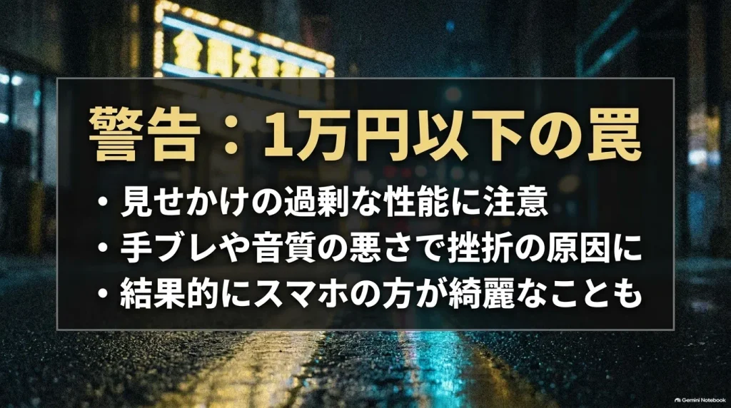 1万円以下の格安カメラに潜む罠を警告するスライド。過剰な性能表記や手ブレ補正・音質不足のリスク。