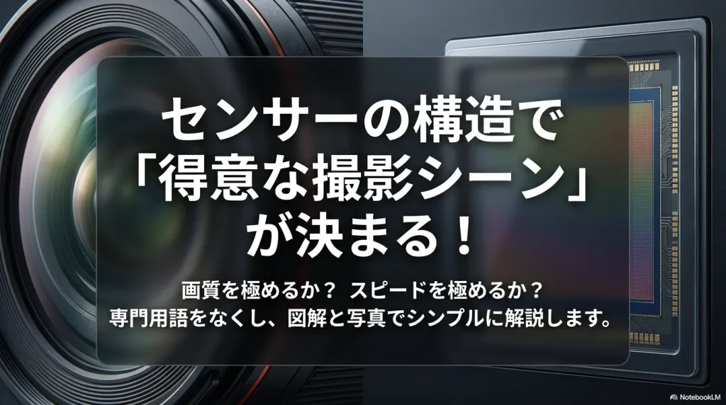 センサーの構造で得意な撮影シーンが決まるという解説と、画質かスピードかを図解する導入スライド