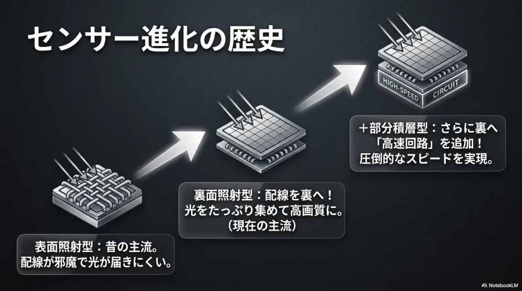 表面照射型から裏面照射型、部分積層型へと至るCMOSセンサー進化の歴史の図解