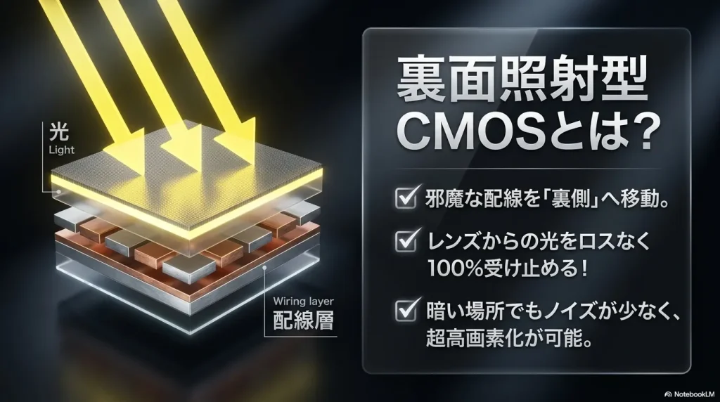 邪魔な配線を裏側へ移動し光をロスなく受け止める裏面照射型CMOSセンサーの構造図