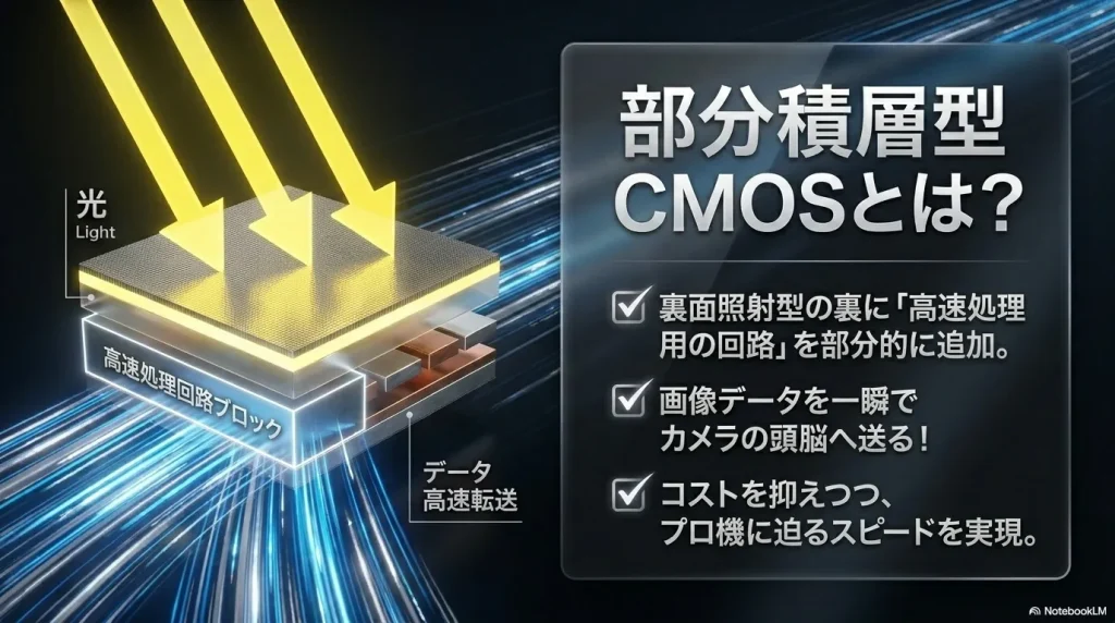 高速処理用回路を部分的に追加しデータ転送を高速化した部分積層型CMOSセンサーの構造図