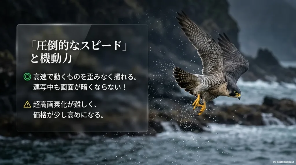 高速で動く被写体を歪みなく連写できる部分積層型センサーのメリットと特徴
