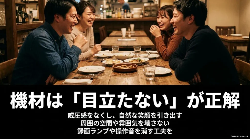 機材は目立たない小型カメラが最適であることを解説するスライド。周囲への威圧感を減らし、自然な表情を引き出す工夫。