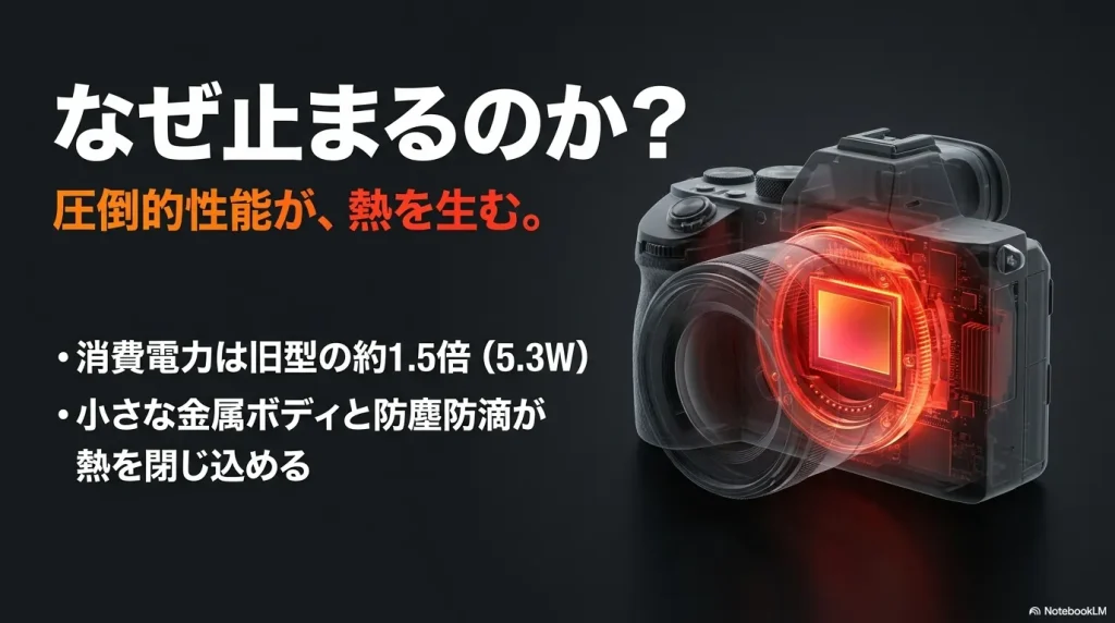 カメラ内部のセンサー周辺が赤く発熱しているイメージ画像。消費電力の増加（旧型の約1.5倍）と小さな金属ボディの密閉構造が熱を閉じ込める理由を解説。