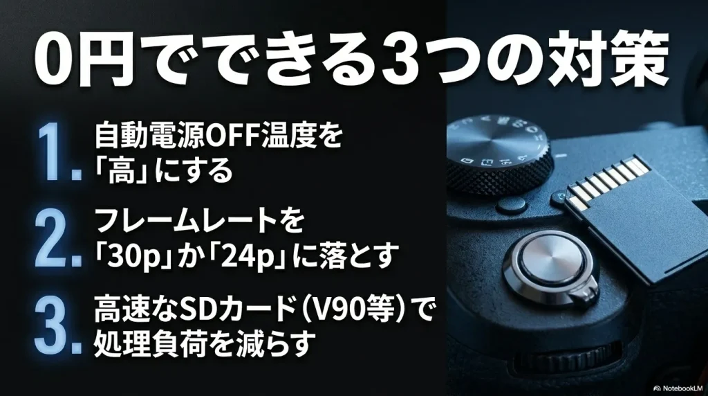 0円でできる3つの対策。自動電源OFF温度を高にする、フレームレートを30pか24pに落とす、高速なSDカードで処理負荷を減らす。