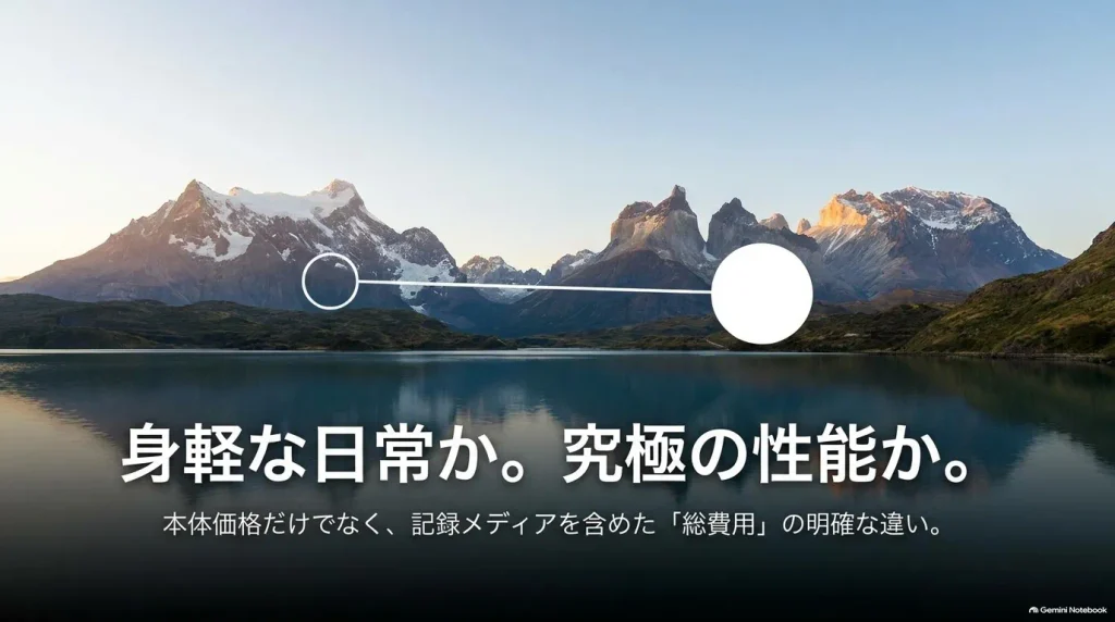 α7C IIとα7 Vの本体価格だけでなくSDカードやCFexpress Type Aを含む総費用を比較するスライド
