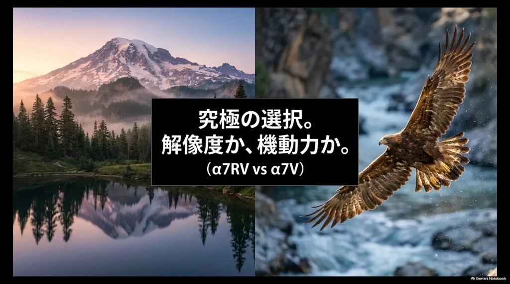 ソニーのフルサイズミラーレス「α7R V」と「α7 V」を比較するアイキャッチ画像。「究極の選択。解像度か、機動力か。」の文字。