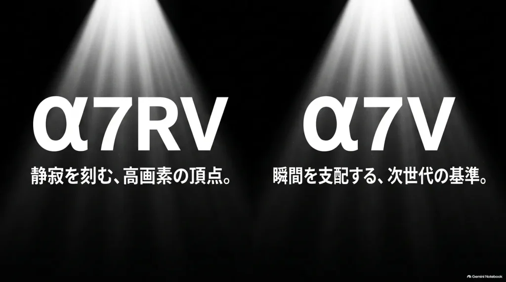 静寂を刻む高画素の頂点「α7R V」と、瞬間を支配する次世代の基準「α7 V」の設計コンセプトを対比したスライド。
