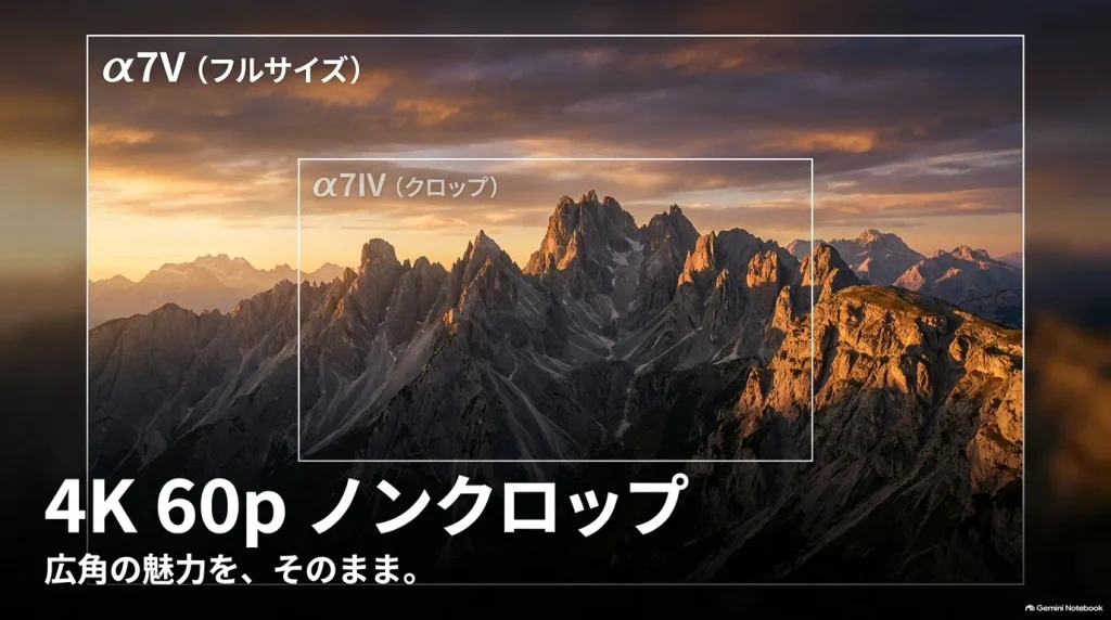 フルフレーム画角を維持するα7V（ノンクロップ）と約1.5倍クロップされるα7IVの4K 60p撮影画角の違いを比較したスライド