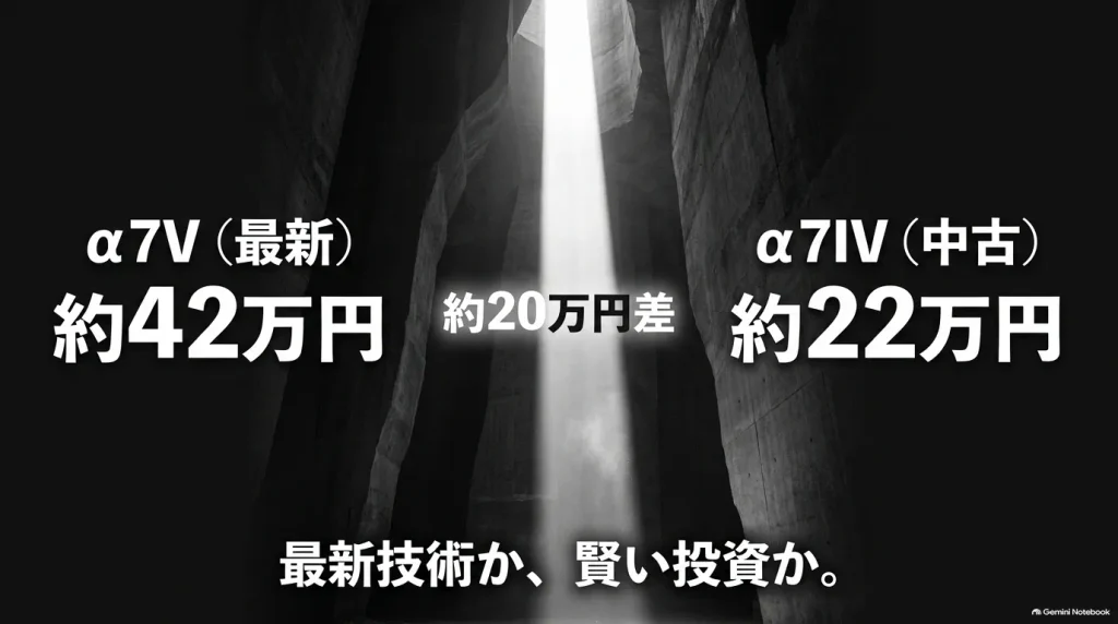 最新のソニーα7V（約42万円）と中古のα7IV（約22万円）にある約20万円の価格差を示した比較スライド
