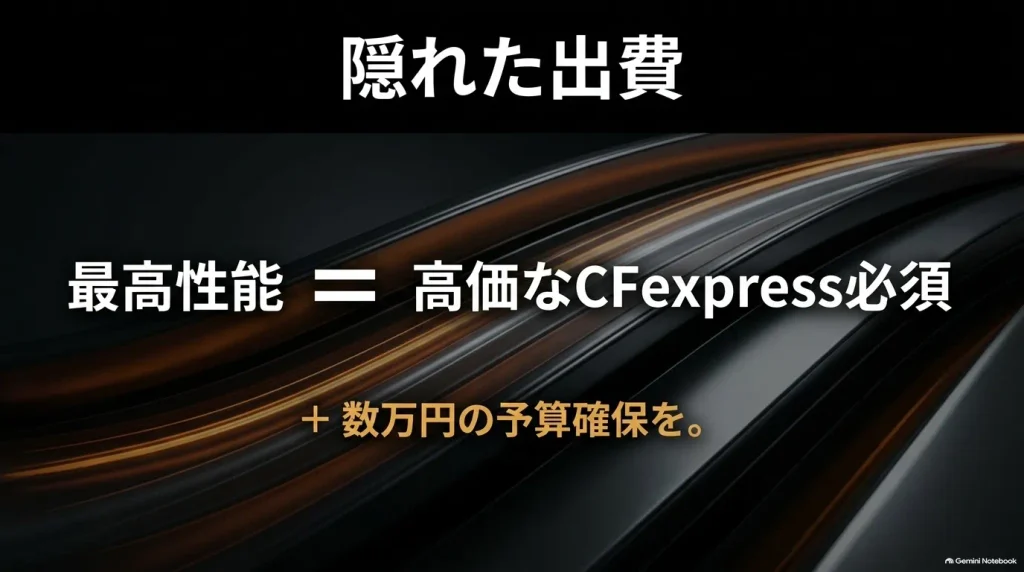 α7Vの高速連写や高画質動画の性能を発揮するために必須となる高価なCFexpress Type Aカードと追加予算の注意点をまとめたスライド