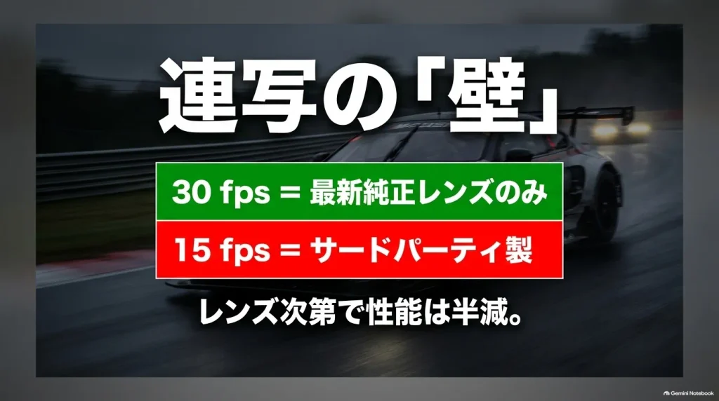 α7Vで最高30コマ/秒の高速連写が可能なのは最新純正レンズのみで、タムロンやシグマなどのサードパーティ製レンズでは15コマ/秒に制限される仕様を解説したスライド