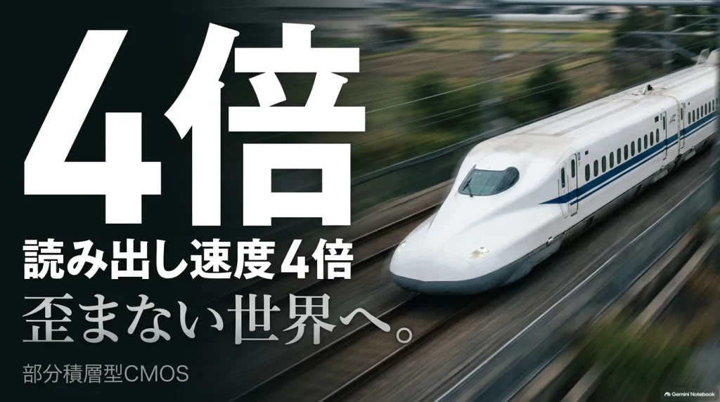 高速走行する新幹線の写真とともに、α7Vの部分積層型CMOSセンサーによる読み出し速度4倍向上とローリングシャッター歪みの大幅な低減を解説したスライド