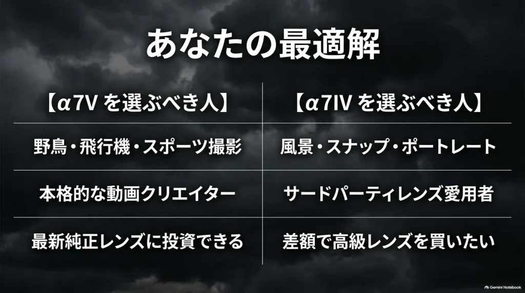 動体や本格動画撮影向けのα7Vを選ぶべき人と、スナップ・風景撮影やレンズ投資を重視するα7IVを選ぶべき人の比較まとめスライド