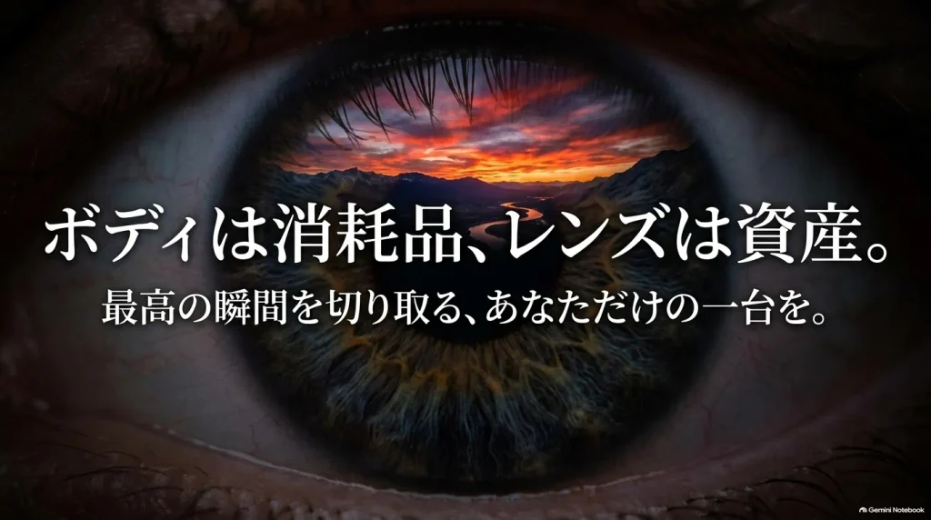 「ボディは消耗品、レンズは資産。最高の瞬間を切り取る、あなただけの一台を。」というカメラ選びの結論メッセージスライド