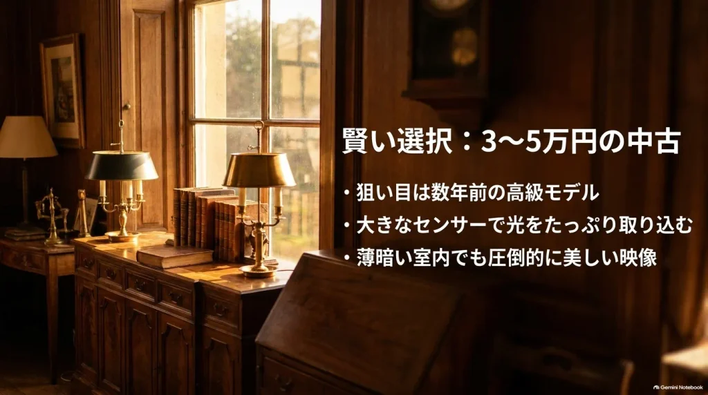予算3万から5万円の中古高級モデルを選ぶメリットをまとめたスライド。大型センサーによる集光力と室内撮影での高画質。