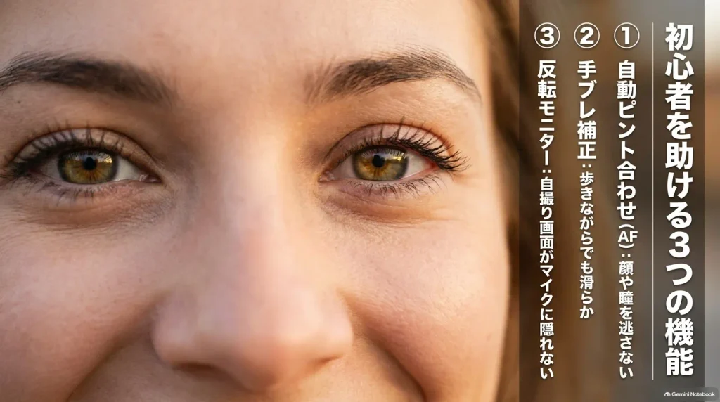 初心者を助けるVlogカメラの3大機能スライド。顔・瞳を逃さない自動ピント合わせAF、歩き撮り向け手ブレ補正、反転モニター。