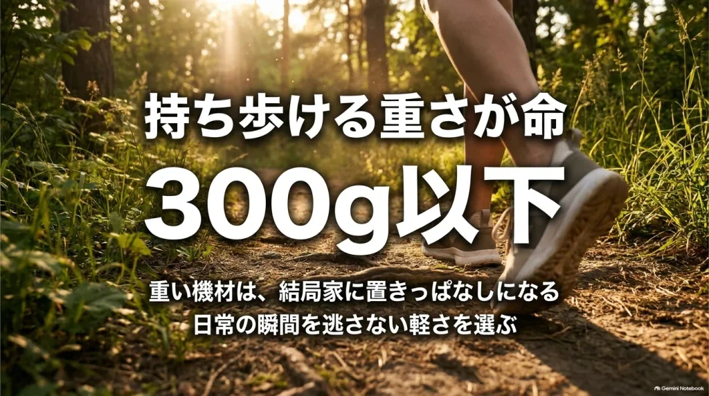 Vlogカメラは300g以下の軽さが重要であることを説明するスライド。持ち歩きやすさが日常の撮影機会を増やすポイント。