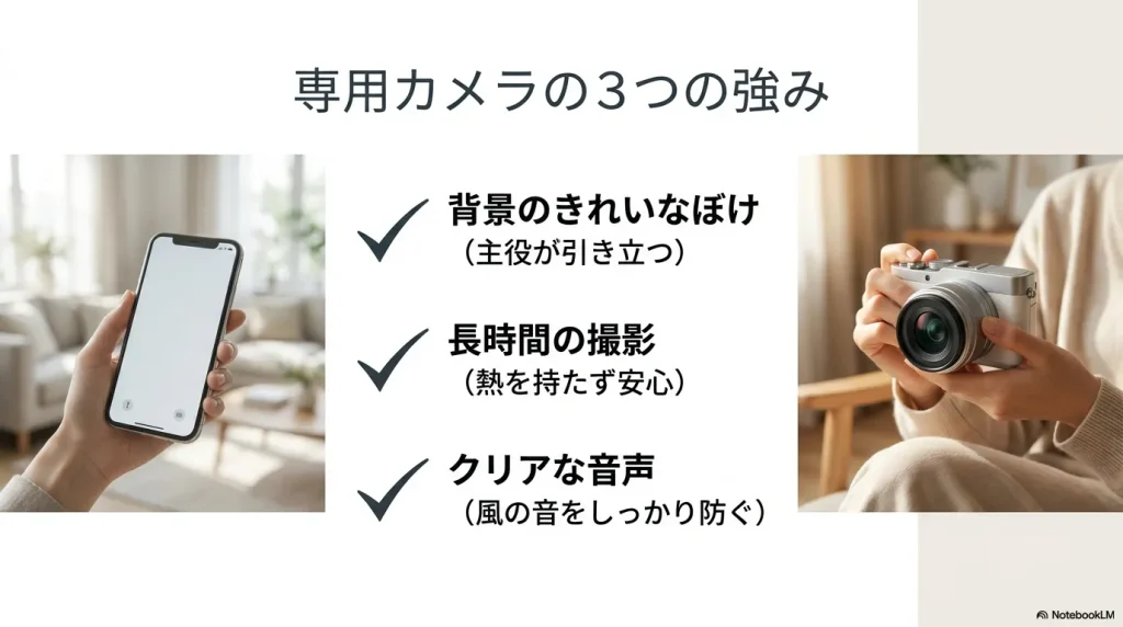 背景のきれいなぼけ、長時間の撮影、クリアな音声といった専用カメラならではの3つの強み