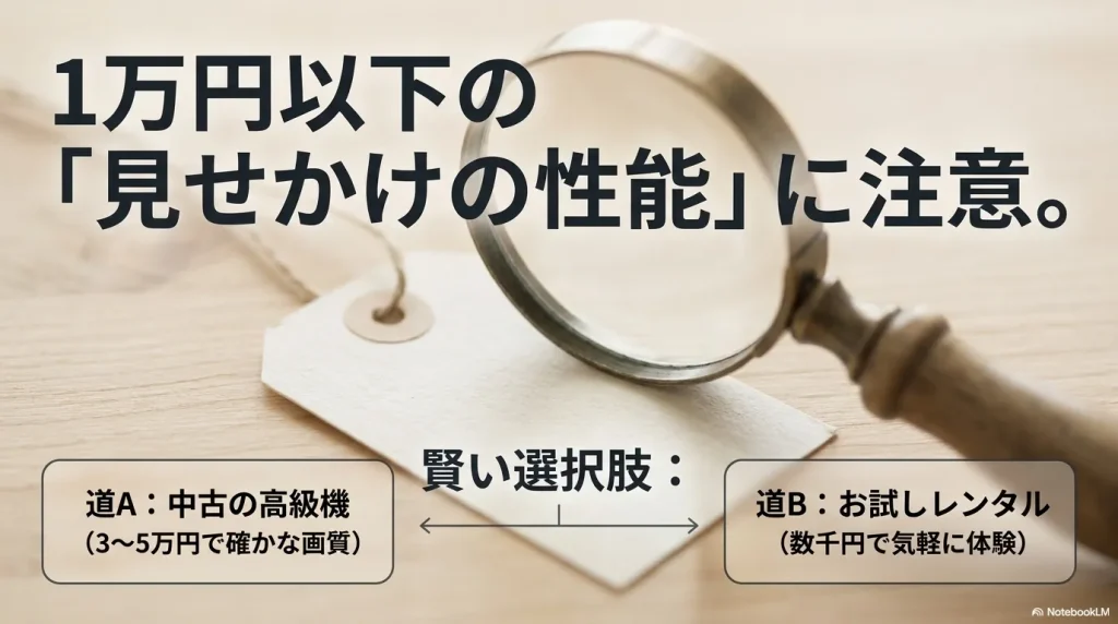 1万円以下の見せかけの性能に注意し、中古の高級機やお試しレンタルといった賢い選択肢を提案する図解