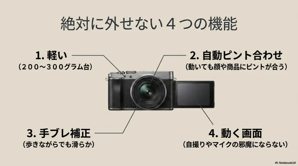 軽い、自動ピント合わせ、手ブレ補正、動く画面といった、初心者がVlogカメラ選びで絶対に外せない4つの機能