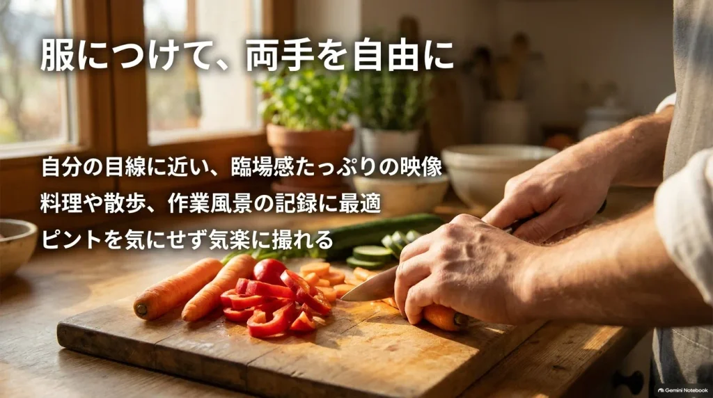 服にカメラを装着して両手をフリーにする撮影スタイルのスライド。料理や散歩など目線に近い臨場感ある映像の記録。