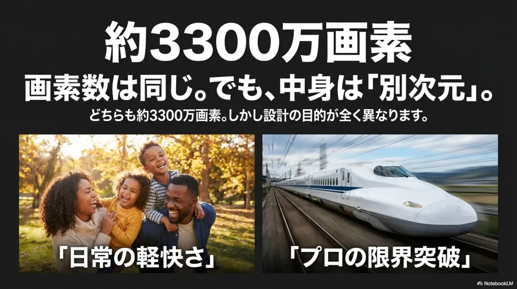 約3300万画素。画素数は同じ。でも、中身は「別次元」。「日常の軽快さ」と「プロの限界突破」