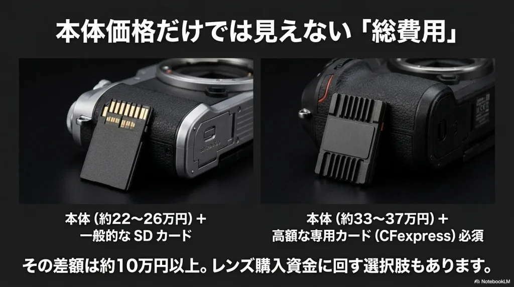 本体価格だけでは見えない「総費用」。一般的なSDカードと高額な専用カード(CFexpress)必須の差額は約10万円以上