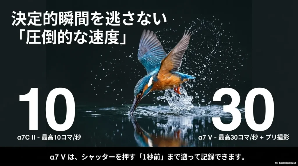 決定的瞬間を逃さない「圧倒的な速度」。α7C IIは最高10コマ/秒、α7 Vは最高30コマ/秒とプリ撮影