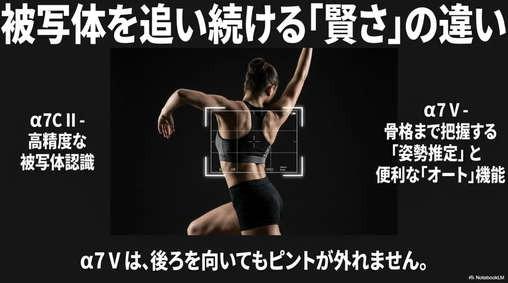 被写体を追い続ける「賢さ」の違い。高精度な被写体認識のα7C IIに対し、α7 Vは骨格まで把握する「姿勢推定」と便利な「オート」機能搭載