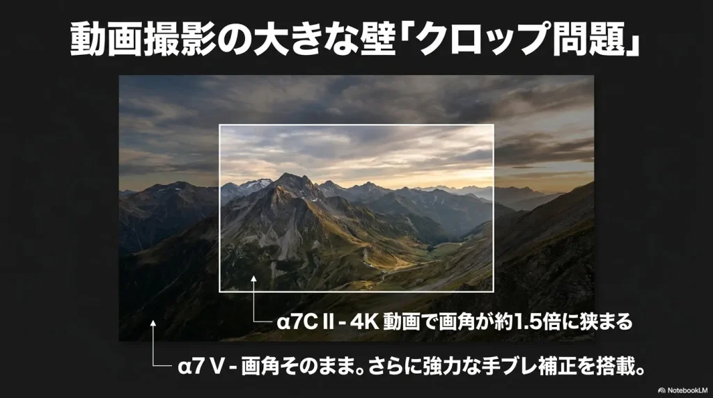 動画撮影の大きな壁「クロップ問題」。α7C IIは4K動画で画角が約1.5倍に狭まるが、α7 Vは画角そのまま、さらに強力な手ブレ補正を搭載