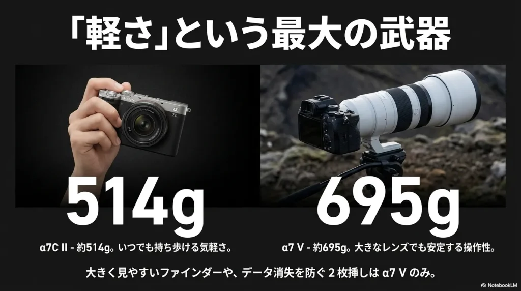 「軽さ」という最大の武器。α7C IIは約514gでいつでも持ち歩ける気軽さ。α7 Vは約695gで大きなレンズでも安定する操作性